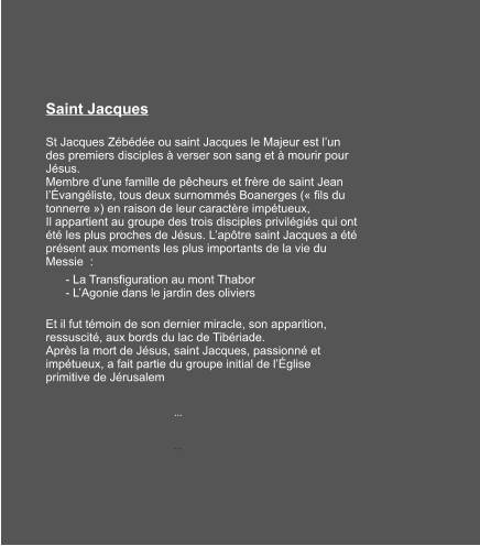 Saint Jacques  St Jacques Zébédée ou saint Jacques le Majeur est l’un des premiers disciples à verser son sang et à mourir pour Jésus. Membre d’une famille de pêcheurs et frère de saint Jean l’Évangéliste, tous deux surnommés Boanerges (« fils du tonnerre ») en raison de leur caractère impétueux, Il appartient au groupe des trois disciples privilégiés qui ont été les plus proches de Jésus. L’apôtre saint Jacques a été présent aux moments les plus importants de la vie du Messie  :       - La Transfiguration au mont Thabor       - L’Agonie dans le jardin des oliviers Et il fut témoin de son dernier miracle, son apparition, ressuscité, aux bords du lac de Tibériade. Après la mort de Jésus, saint Jacques, passionné et impétueux, a fait partie du groupe initial de l’Église primitive de Jérusalem   …  …